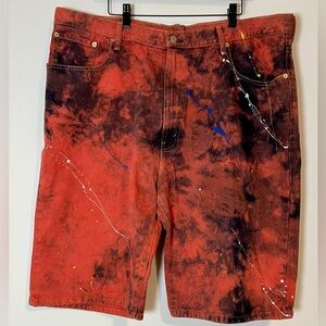 Levi's 569 Denim Shorts Men's 42 Red Black Tie Dye Splatter Loose Straight